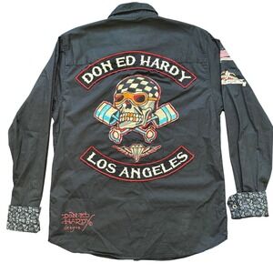 Ed Hardy Button Up Shirt Mens Medium Black Biker Tattoo Graphic Embroidered